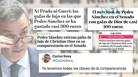Noticias en la prensa sobre las gafas de Pedro Sánchez, sobre una foto del presidente.