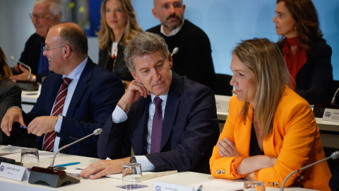 El secretario general del PP, Miguel Tellado; el presidente del Partido Popular, Alberto Núñez Feijóo, y la vicesecretaria de Coordinación Sectorial del PP, Alma Ezcurra, durante el Comité Ejecutivo Nacional del partido, en la sede nacional del PP, a 3 de noviembre de 2025, en Madrid (España).