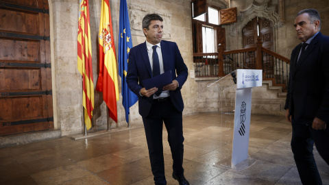 Carlos Mazón, durante la comparecencia en la anunció su dimisión. Carlos Mazón, durante la comparecencia en la anunció su dimisión.
