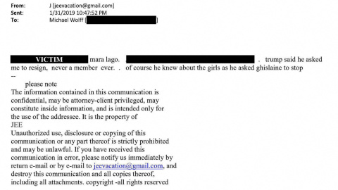 Correo electrónico que señala a Donald Trump en el 'caso Epstein'.