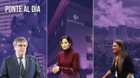 El expresident Carles Puidgemont, la presidenta de la CAM, Isabel Díaz Ayuso, y la portavoz de Junts, Miriam Nogueras.