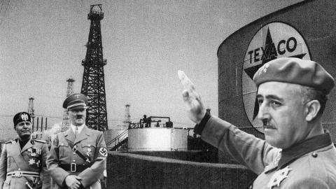 franco guerra civil petroleo Franco, Mussolini y Hitler, en un fotomontaje con un campo petrolífero de Texaco.