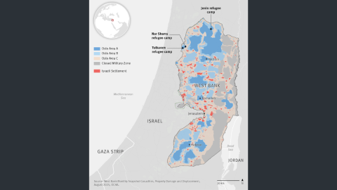 Sin título (1200 x 675 px) Mapa de la división de Cisjordania en la zona A, B y C, según los Acuerdos de Oslo II