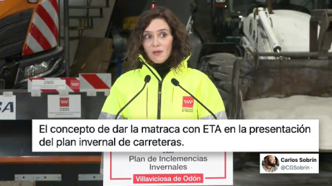 Isabel Díaz Ayuso hablando de ETA durante la presentación del Plan Especial de Vialidad y Protección Civil ante Inclemencias Invernales. Isabel Díaz Ayuso hablando de ETA durante la presentación del Plan Especial de Vialidad y Protección Civil ante Inclemencias Invernales.