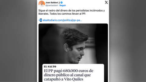 Tuit de Joan Baldoví sobre Vito Quiles y el PP. Tuit de Joan Baldoví sobre Vito Quiles y el PP.