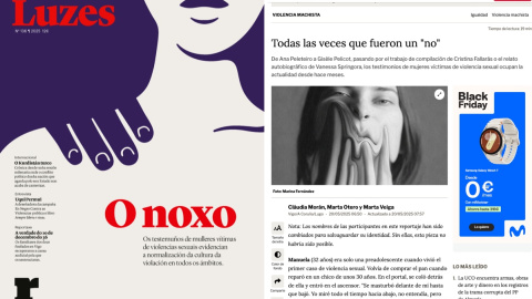 Portada de la revista Luzes donde se publicó el reportaje en gallego, y captura de pantalla de la pieza en la web de Público.