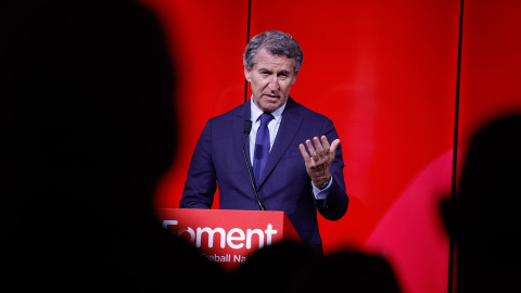 El presidente del PP, Alberto Núñez Feijóo, durante su intervención en un acto de la patronal catalana.