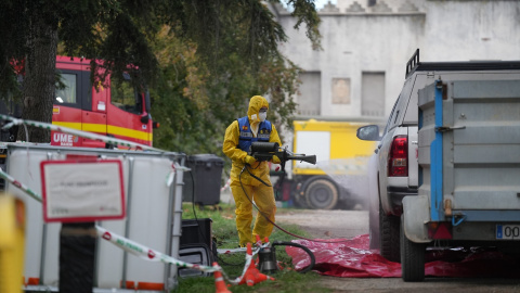 Un miembro de la UME desinfecta vehículos, durante el control de la peste porcina. Un miembro de la UME desinfecta vehículos, durante el control de la peste porcina.