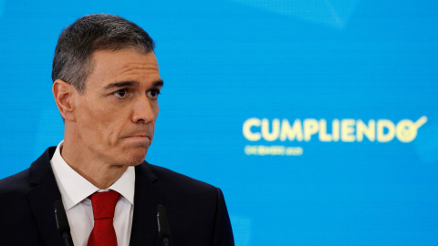 El presidente del Gobierno, Pedro Sánchez, en la rueda de prensa del balance del año, en el Palacio de la Moncloa.