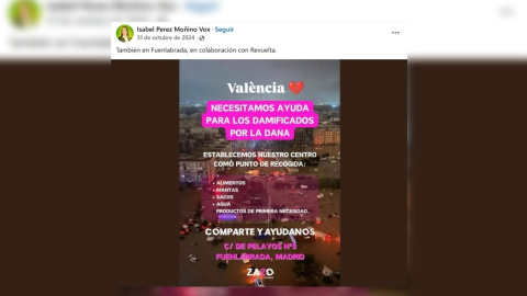 Captura de pantalla de la publicación realizada por Isabel Pérez Moñino, portavoz de Vox en la Asamblea de Madrid, en Facebook.
