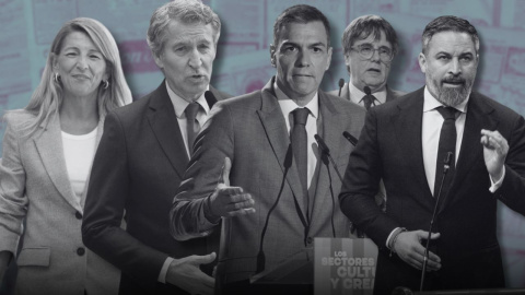 Yolanda Díaz, Alberto Núñez Feijóo, Pedro Sánchez, Carles Puigdemont y Santiago Abascal, en un fotomontaje de Público. Yolanda Díaz, Alberto Núñez Feijóo, Pedro Sánchez, Carles Puigdemont y Santiago Abascal, en un fotomontaje de Público.