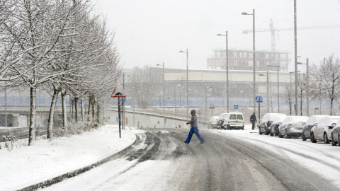 Varias personas disfrutan de la nieve en la calle de Vitoria, en Vitoria. Varias personas disfrutan de la nieve en la calle de Vitoria, en Vitoria.