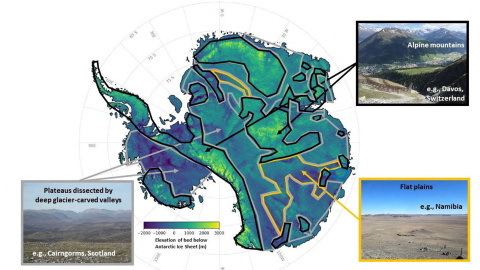 Mapa que muestra el paisaje subglacial de cordilleras, profundos cañones y amplios valles de la Antártida. Mapa que muestra el paisaje subglacial de cordilleras, profundos cañones y amplios valles de la Antártida.