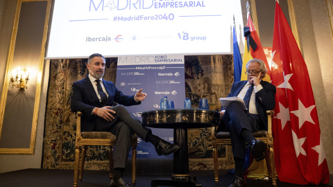 El presidente de Vox, Santiago Abascal, participa en Madrid Foro Empresarial junto a empresarios madrileños, este miércoles en Madrid.-EFE/ Daniel González El presidente de Vox, Santiago Abascal, participa en Madrid Foro Empresarial junto a empresarios madrileños, este miércoles en Madrid.-EFE/ Daniel González