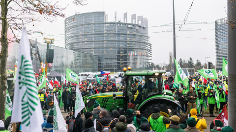 Protesta frente al Europarlamento contra el acuerdo UE-Mercosur, en Estrasburgo (Francia), a 20 de enero de 2026.