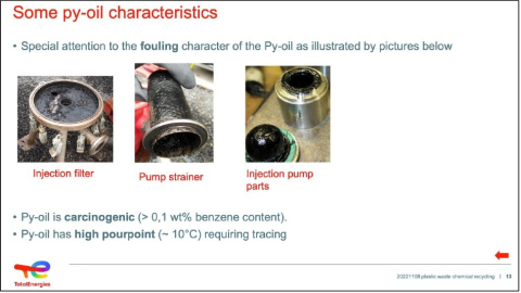 El documento de TotalEnergies que revela el carácter corrosivo del aceite pirolítico.