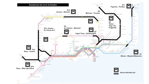 Mapa de la represa del servei de Rodalies per aquest dilluns, 26 de gener. 25/01/2026 Mapa de la represa del servei de Rodalies per aquest dilluns, 26 de gener.