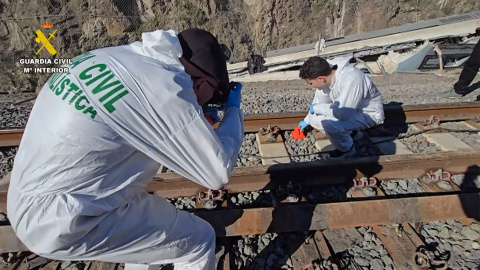 Expertos de la Guardia Civil analizan las vías tras el accidente ferroviario registrado  en Adamuz (Córdoba).