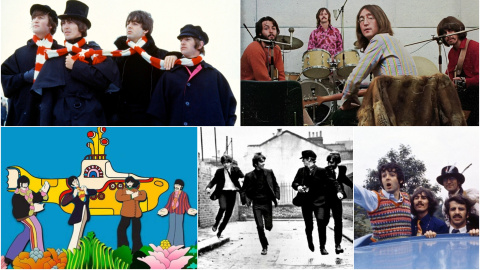 De izq. a der., imágenes de las películas de The Beatles 'Help!', 'Let it be', 'Yellow Submarine', '¡Qué noche la de aquel día!' y 'Magical Mystery Tour'.