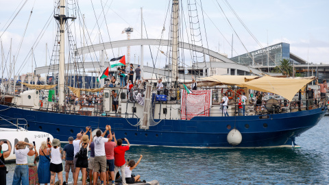 Despedida a la Global Sumud Flotilla en el Puerto de Barcelona, a 31 de agosto de 2025, en Barcelona, que zarpó del Mediterráneo para enfrentarse al bloqueo ilegal de Israel y conseguir llevar ayuda humanitaria a Gaza.