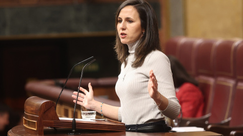 Ione Belarra La secretaria general de Podemos, Ione Belarra, durante la comparecencia de Sánchez de este 11 de febrero.