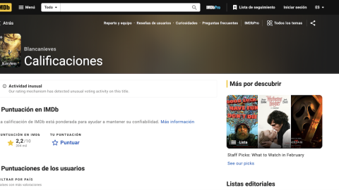 Advertencia de IMDB de que la valoración de 'Blancanieves' (2025) podría estar manipulada. Advertencia de IMDB de que la valoración de 'Blancanieves' (2025) podría estar manipulada.