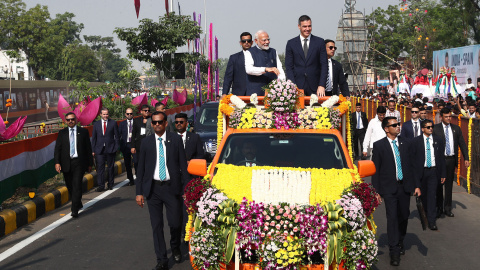 El presidente del Gobierno, Pedro Sánchez, durante la ceremonia de bienvenida en su viaje a la República de India en octubre de 2024.
