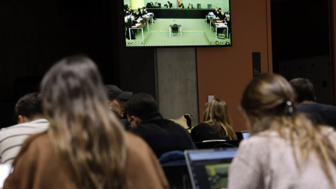 Vista de la sala de prensa durante el juicio contra catorce integrantes de una trama de macroestafas inmobiliarias.