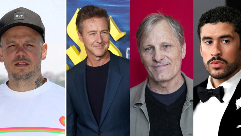De izquierda a derecha: Residente, los actores Edward Norton y Viggo Mortensen y el cantante Bad Bunny, quienes formarán parte del largometraje. De izquierda a derecha: Residente, los actores Edward Norton y Viggo Mortensen y el cantante Bad Bunny, quienes formarán parte del largometraje.
