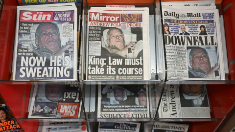Portadas de los periódicos británicos sobre la detención del expríncipe Andrés.