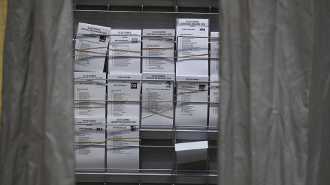 EuropaPress_7273801_aragoneses_votan_colegio_electoral_febrero_2026_huesca_aragon_espana Papeletas de los partidos políticos en un colegio electoral de Huesca.