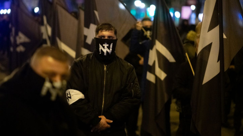 Nucleo Nacional 01 EP Manifestantes encapuchados de Núcleo Nacional durante una movilización celebrada en noviembre de 2025 en Madrid.