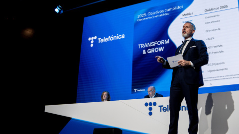El presidente de Telefónica, Marc Murtra, en la presentación de los resultados anuales de la operadora en 2025. El presidente de Telefónica, Marc Murtra, en la presentación de los resultados anuales de la operadora en 2025.