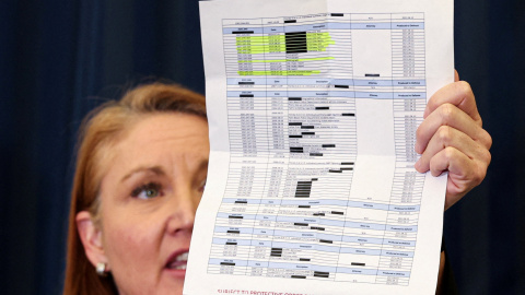 Archivos de Epstein Una congresista demócrata sostiene un documento que representa los archivos de Epstein.