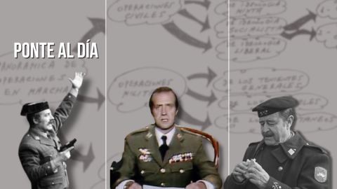 Fotomontaje con imágenes de Antonio Tejero, Juan Carlos I y Jaime Milans del Bosch. Fotomontaje con imágenes de Antonio Tejero, Juan Carlos I y Jaime Milans del Bosch.