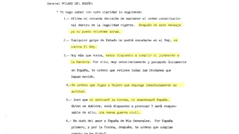 Documento desclasificado del 23-F Documento desclasificado del 23-F.