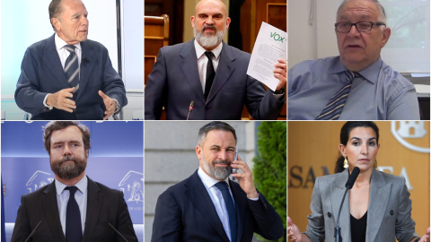Imagen compilatoria de varios de los fundadores de Vox. Arriba, Ignacio Camuñas, Víctor Sánchez y José Luis González; abajo, Iván Espinosa, Santiago Abascal y Rocío Monasterio Imagen compilatoria de varios de los fundadores de Vox. Arriba, Ignacio Camuñas, Víctor Sánchez y José Luis González; abajo, Iván Espinosa, Santiago Abascal y Rocío Monasterio