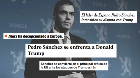 Pedro Sánchez, en una imagen de EFE, con los titulares de distintos medios internacionales tras su enfrentamiento con EEUU. Pedro Sánchez, en una imagen de EFE, con los titulares de distintos medios internacionales tras su enfrentamiento con EEUU.