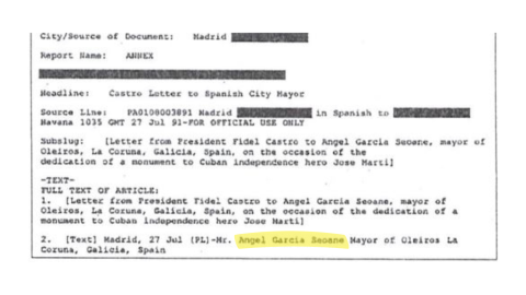 Cable de la CIA datado en 1991 que cita al alcalde de Oleiros, Ángel García Seoane, por su relación con el entonces presidente de Cuba, Fidel Castro. Cable de la CIA datado en 1991 que cita al alcalde de Oleiros, Ángel García Seoane, por su relación con el entonces presidente de Cuba, Fidel Castro.