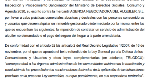 Documento del traslado del caso ejercido desde Consumo hacia la Comunidad de Madrid