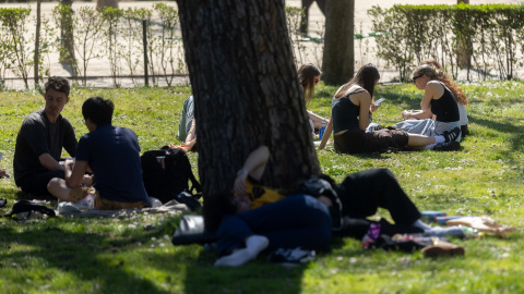 Un grupo de personas en un parque Un grupo de personas sentadas en el césped de un parque de Madrid.