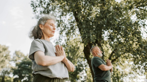 Dos personas practican taichí al aire libre.