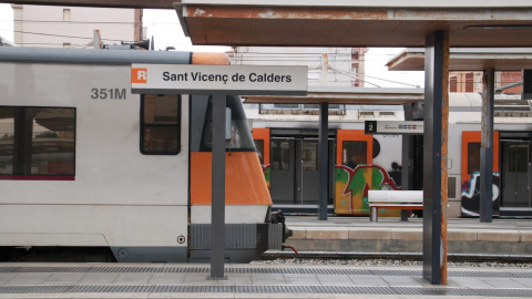 Diversos trens aturats a l'estació de Sant Vicenç de Calders.