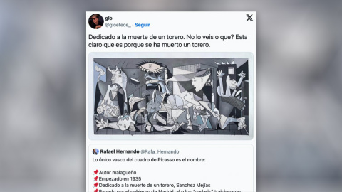 Un tuitero critica el mensaje con dos bulos de Rafael Hernando sobre el 'Guernica'. Un tuitero critica el mensaje con dos bulos de Rafael Hernando sobre el 'Guernica'.