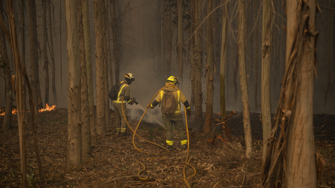 Bomberos trabajan en la extinción del incendio forestal en el monte Galleiro (Pontevedra).