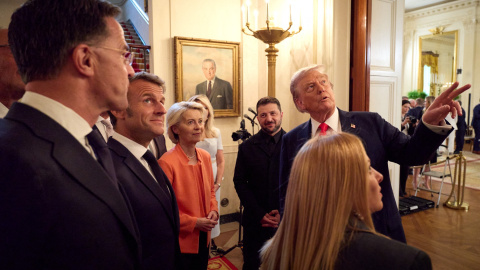 Rutte, Macron, Von der Leyen, Zelenski, Trump y Meloni, en la Casa Blanca en una imagen del 18 de agosto de 2025.