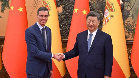 Fotografía cedida por La Moncloa que muestra al jefe del Gobierno, Pedro Sánchez, posando junto al presidente chino, Xi Jinping.