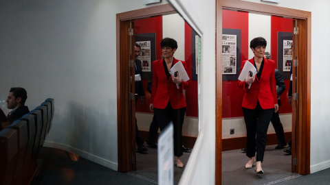 La ministra de Inclusión, Seguridad Social y Migraciones, Elma Saiz, durante la rueda de prensa tras el consejo de Ministros, a 14 de abril de 2026, en Madrid