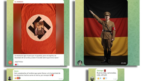 Capturas de pantalla de mensajes de apología nazi en foros de Telegram.