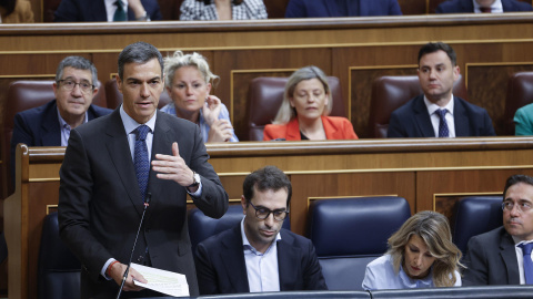 El jefe del Ejecutivo, Pedro Sánchez, interviene durante la sesión de control al Gobierno que se celebra este miércoles en el Congreso.